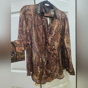 Women's Large Snake Print Blouse with Embellished Collar